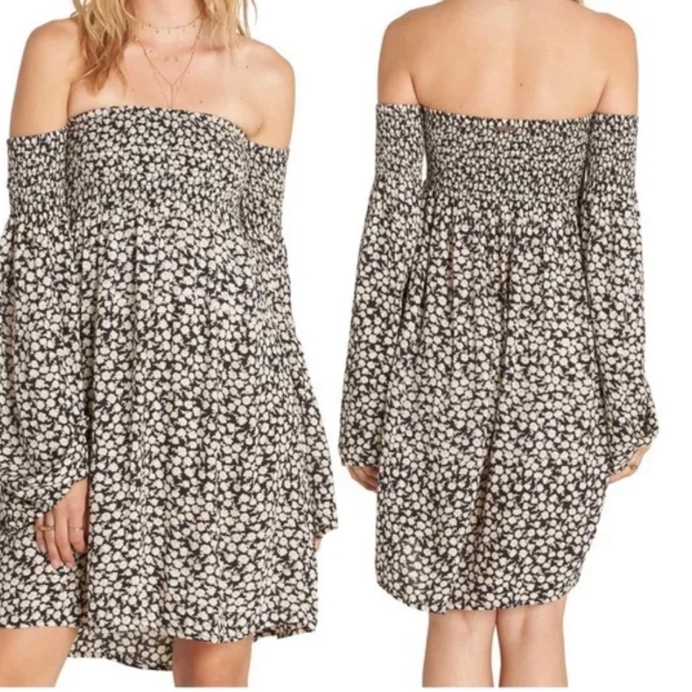 Billabong off the shoulder long sleeve smocked dress
